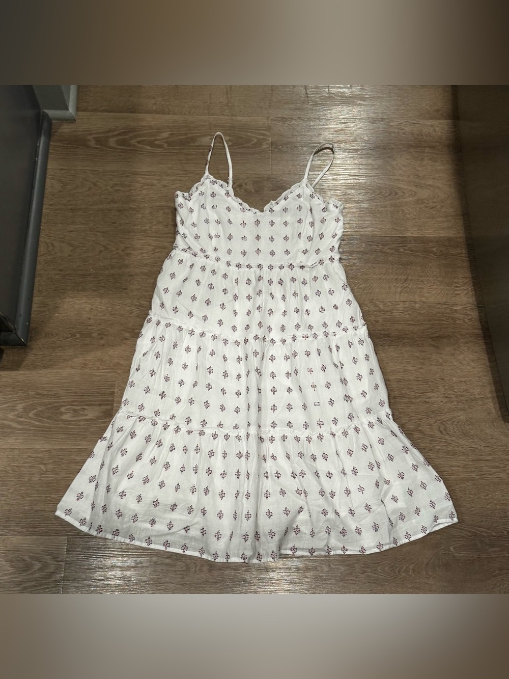 White Floral-Print Tiered Midi Sundress with Spaghetti Straps